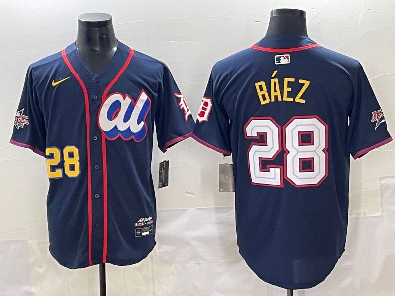 Men 2025 Detroit Tigers 28 Baez Blue All star Blank Blue Nike MLB Jersey style 2